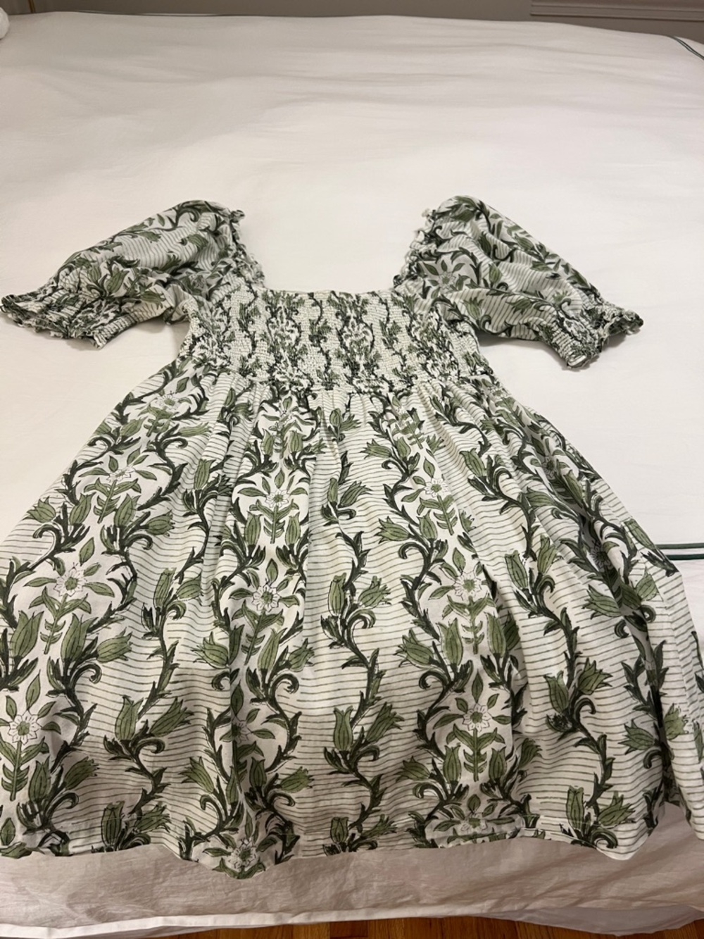 Smocked Puff-Sleeve Mini Dress in Olive Green Floral